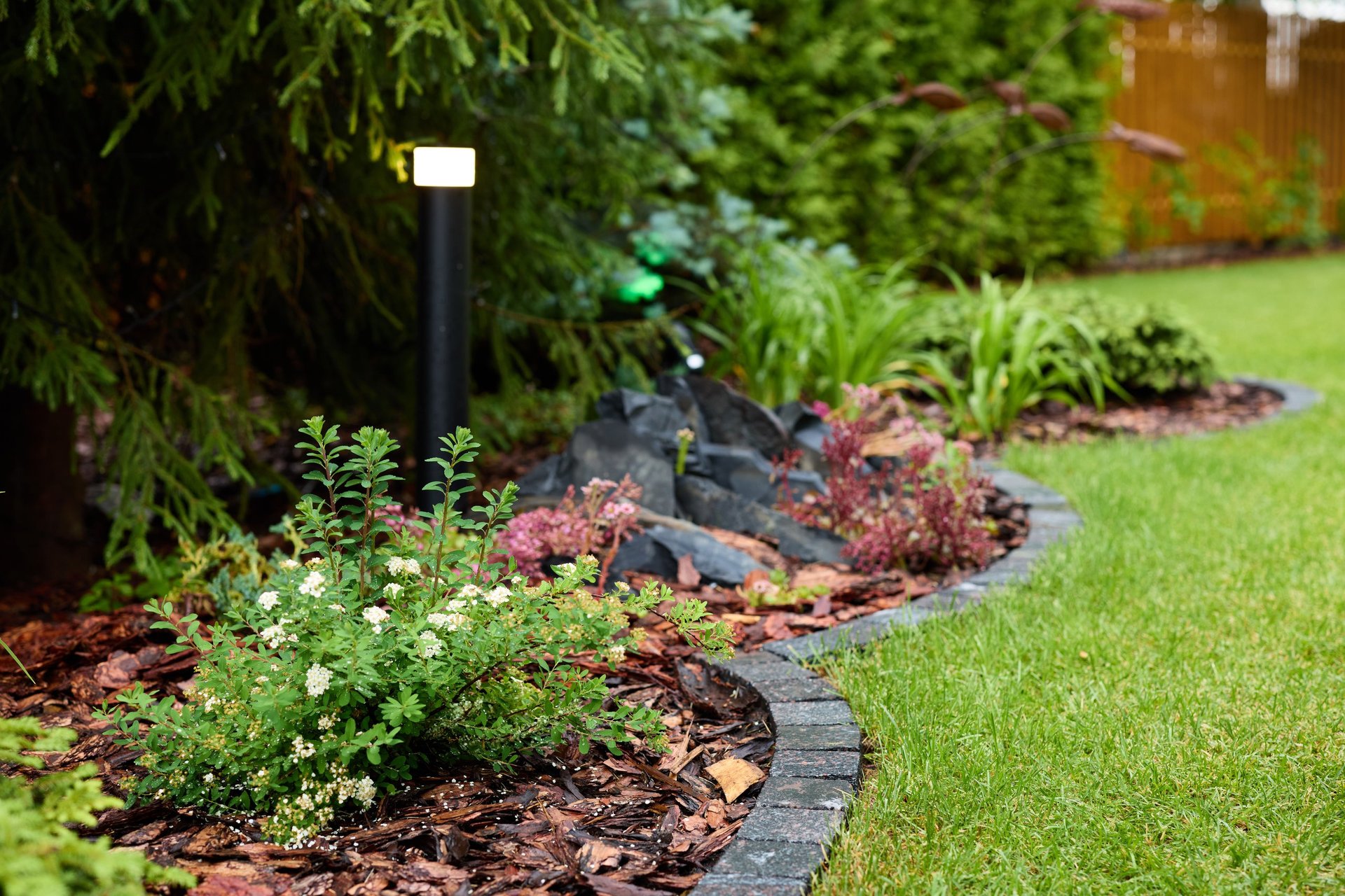 Beautiful garden with vibrant plants and decorative rocks