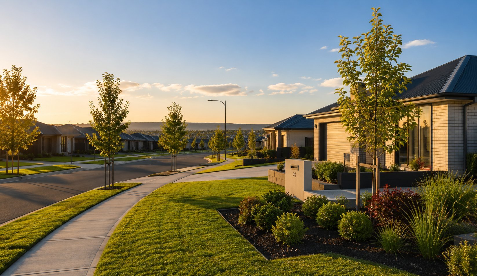 Suburban residential street with modern brick houses, manicured lawns, young trees, and a paved walkway at golden hour