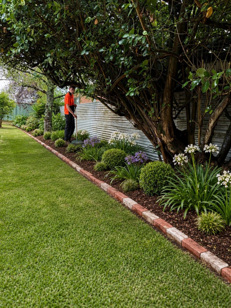 A person in a red shirt stands in a manicured backyard garden with a lush green lawn, brick edging, flower beds, mature trees, and a corrugated metal fence