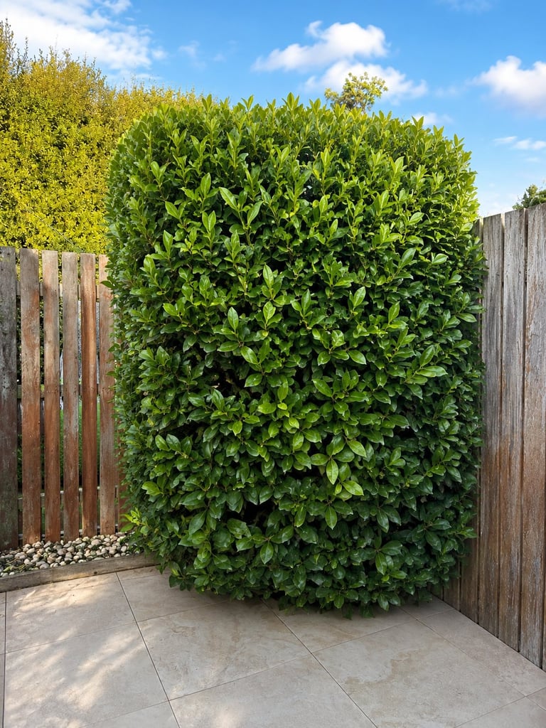 Lush green topiary shrub in a patio area surrounded by wooden fencing under blue sky