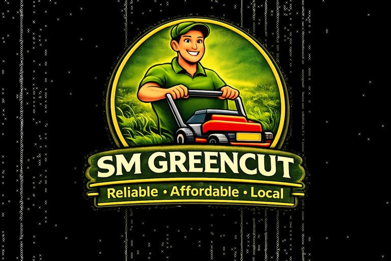 SM Greencut lawn care logo featuring a smiling man in green shirt pushing a red lawnmower with words Reliable, Affordable, Local