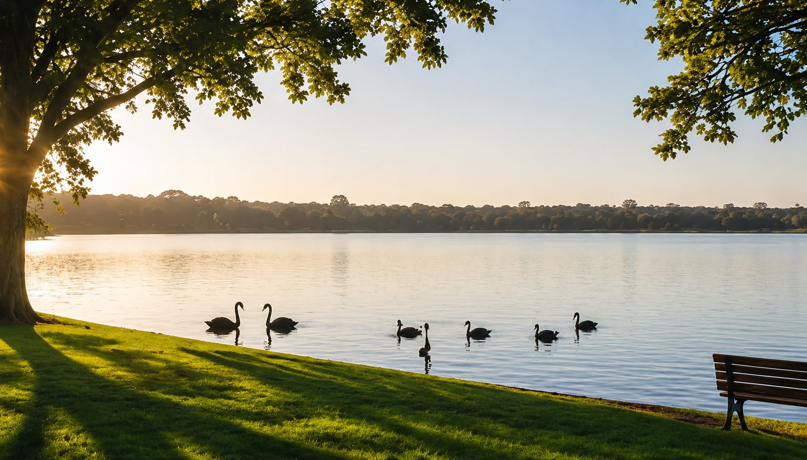 Geese swimming on a calm lake at sunrise with grassy shoreline, large tree, and bench in foreground