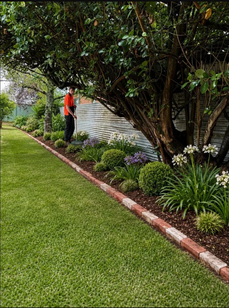 Manicured backyard garden with green lawn, brick border, flowering shrubs, and large leafy tree beside corrugated metal house fence