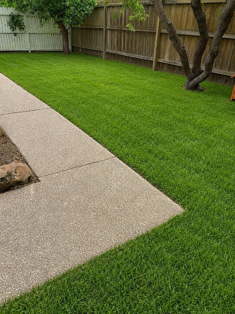 Backyard with manicured green lawn, concrete patio, wooden fence, and large tree