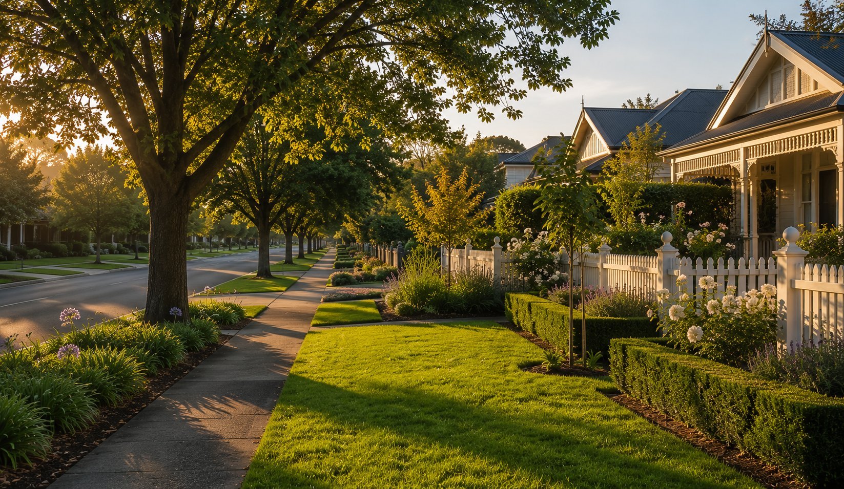 Suburban neighborhood street lined with mature trees, well-maintained lawns, and classic homes with white picket fences during golden hour