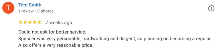 5-star customer review by Tom Smith praising service quality and staff