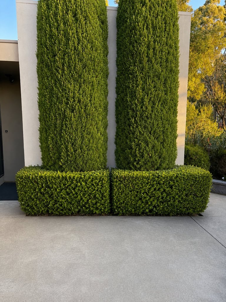 Manicured green hedges in a geometric pattern flanking white columns outside a modern building entrance