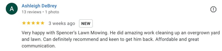 Five-star review from Ashleigh DeBrey praising affordable lawn services