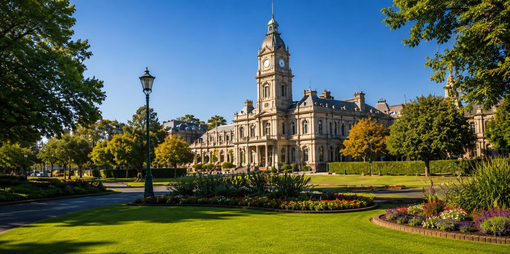 Historic stone building with clock tower surrounded by manicured gardens and green lawn on a clear sunny day
